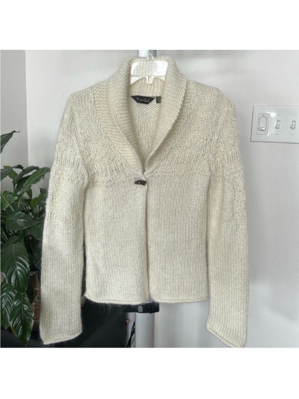 True Grit Wool Blend hand Knit Chunky sweater Cardigan Sz XS Ivory Shawl Collar